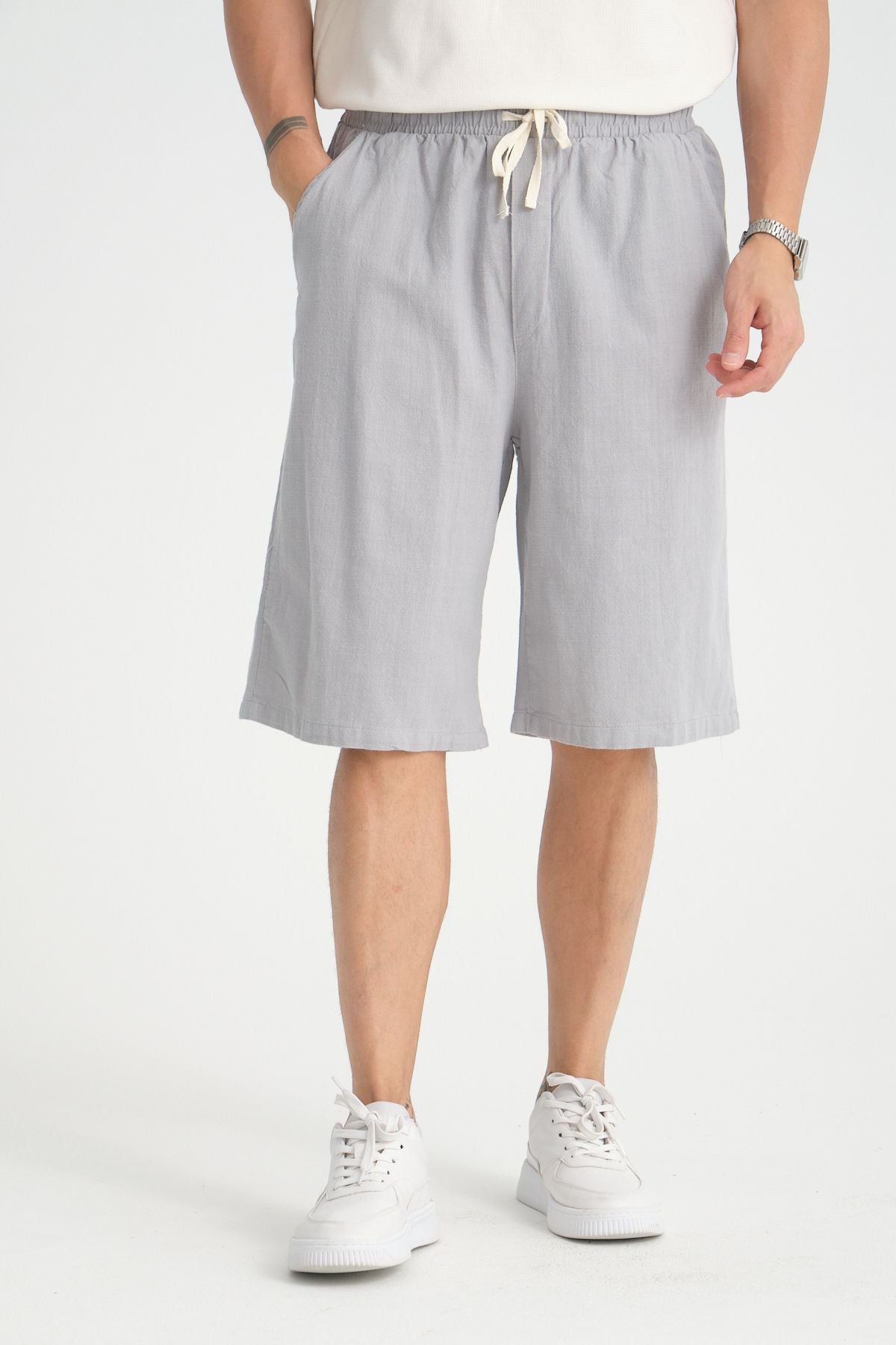 Erkek Baggy Fit Rahat Kesim %100 Pamuk Yumuşak Dokulu Şort Kapri Gri