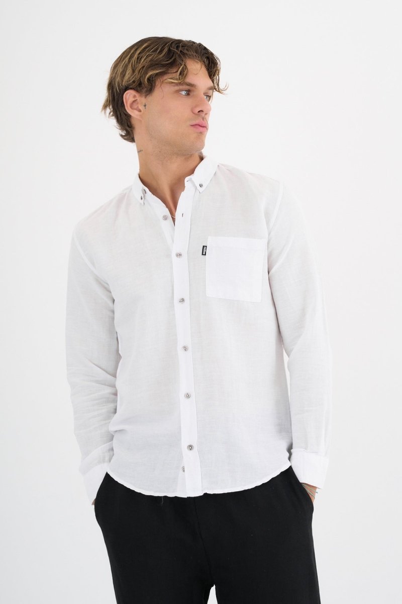Erkek Keten Basic Gömlek Beyaz Slim Fit BEYAZ - Redline