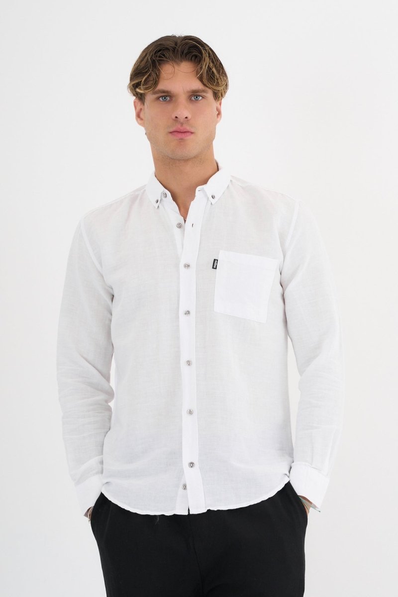 Erkek Keten Basic Gömlek Beyaz Slim Fit BEYAZ - Redline