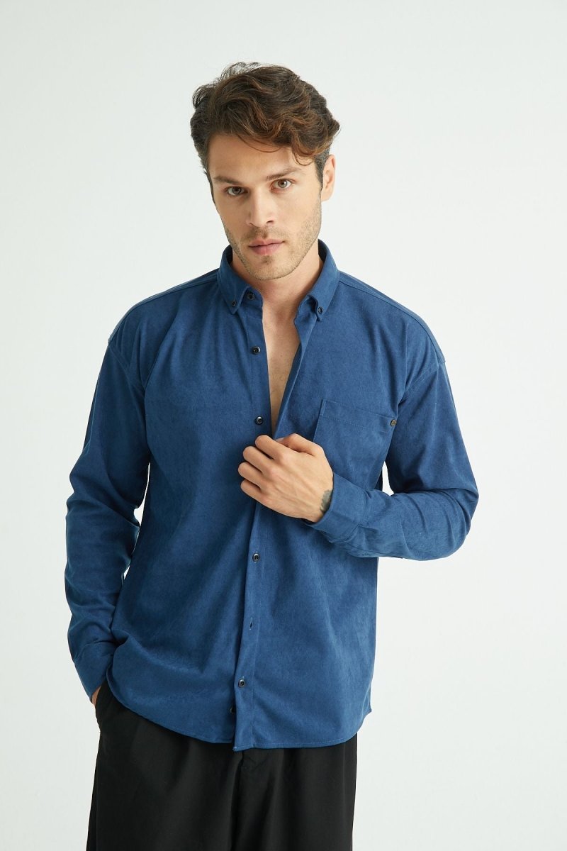 Erkek Regular Fit Kadife Kışlık Gömlek İndigo - Redline