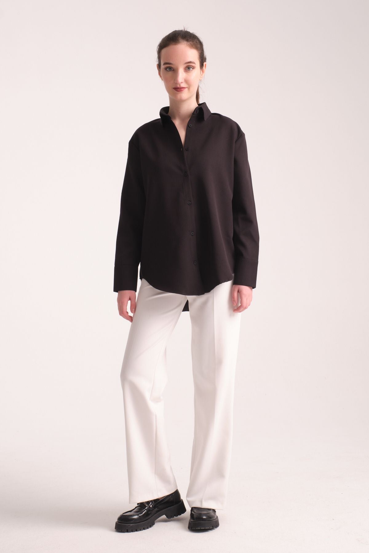 Pure Oversize Iç Göstermeyen Uzun Basic Kadın Gömlek Siyah
