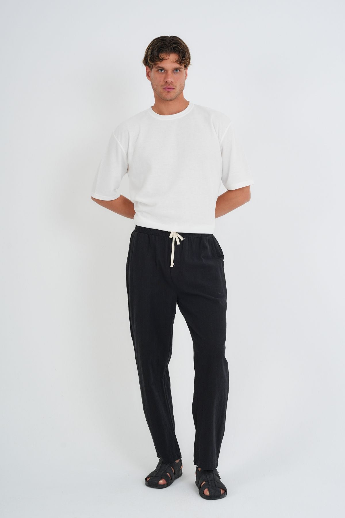 Comforted Erkek Baggy Keten Rahat Pantolon Bol Paça Yeni Sezon Siyah