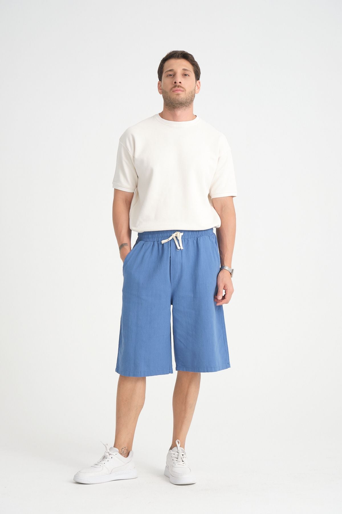 Erkek Baggy Fit Rahat Kesim %100 Pamuk Yumuşak Dokulu Şort Kapri İndigo