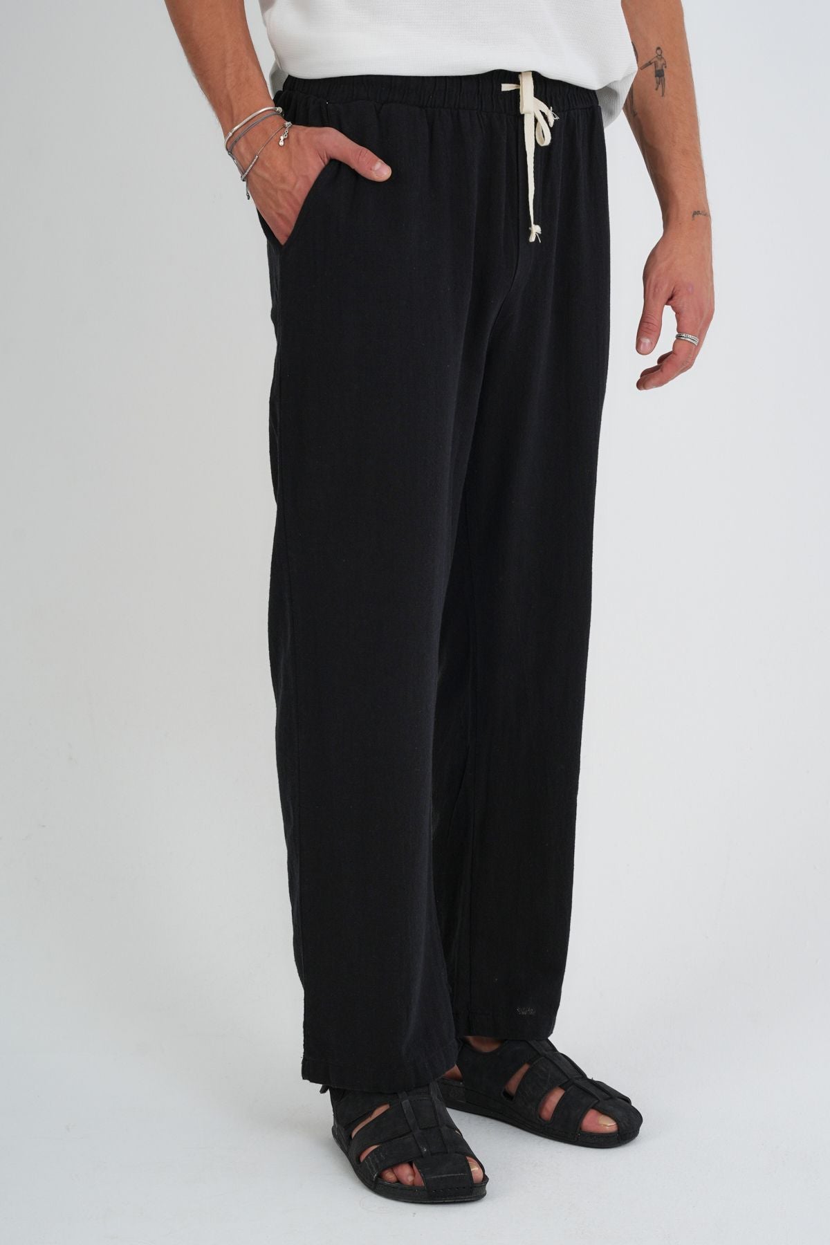 Comforted Erkek Baggy Keten Rahat Pantolon Bol Paça Yeni Sezon Siyah