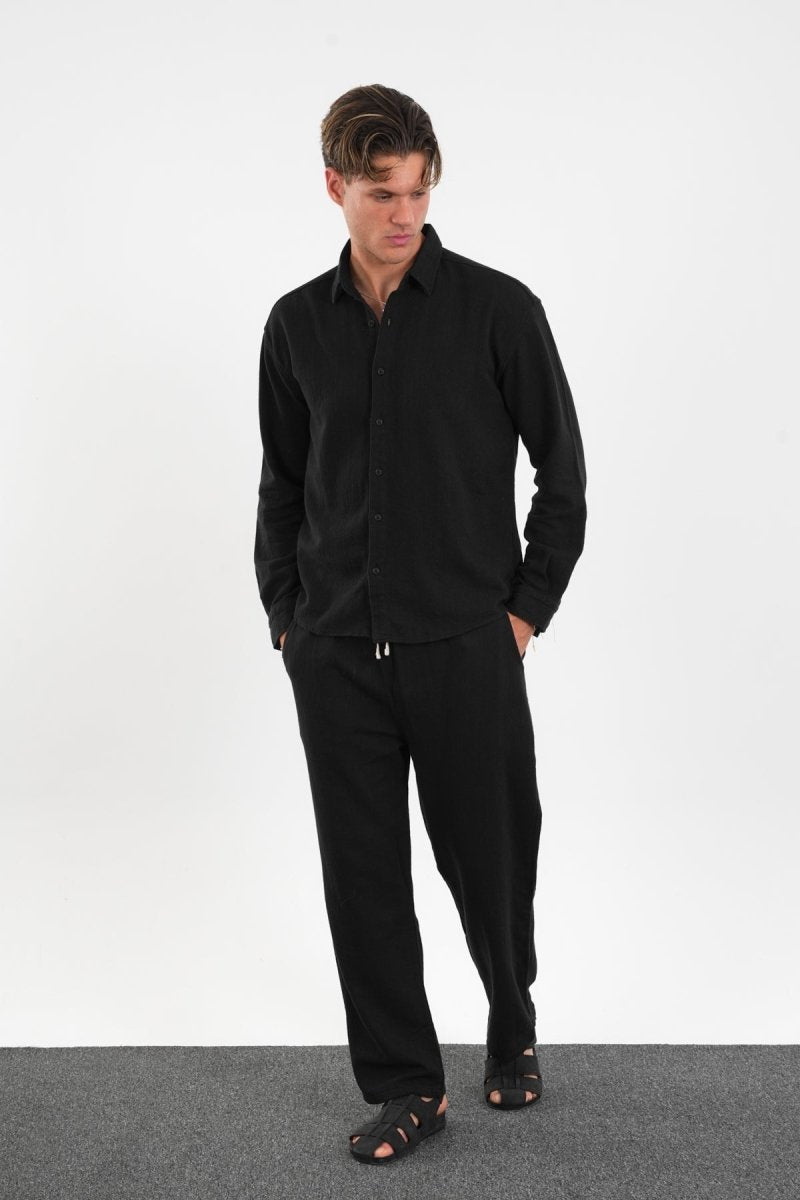 Flare Kışlık Baggy Pantolon Oversize Gömlek Alt üst Takım Siyah - Redline
