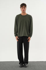 TAREN Oversize Erkek Kışlık Düğmeli Sweatshirt Haki