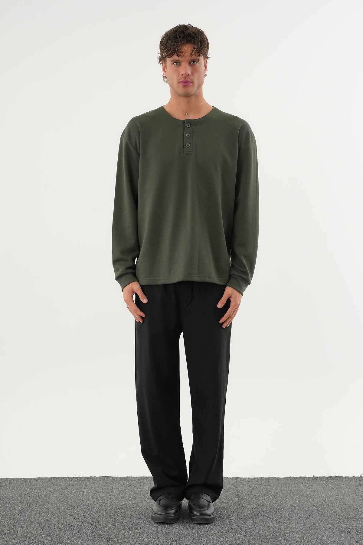 TAREN Oversize Erkek Kışlık Düğmeli Sweatshirt Haki