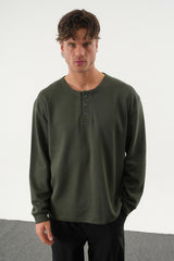 TAREN Oversize Erkek Kışlık Düğmeli Sweatshirt Haki