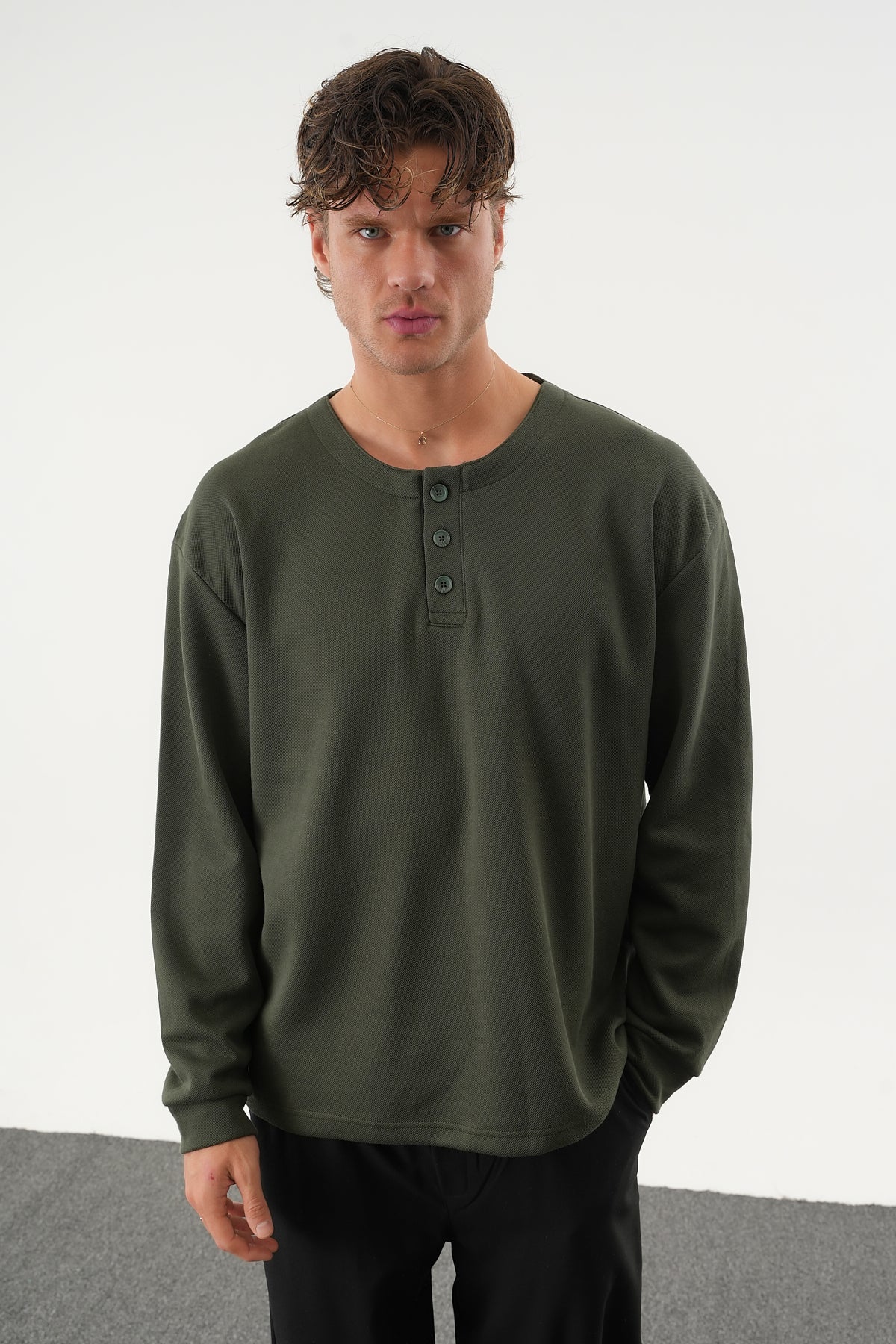 TAREN Oversize Erkek Kışlık Düğmeli Sweatshirt Haki