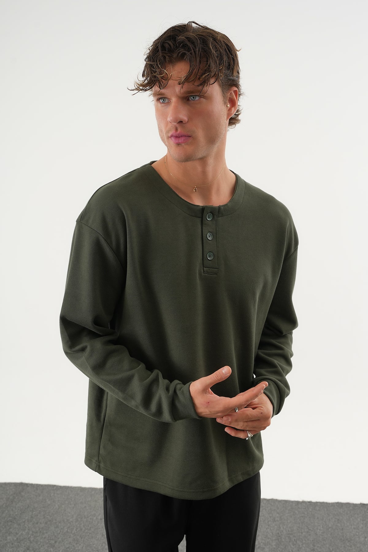 TAREN Oversize Erkek Kışlık Düğmeli Sweatshirt Haki