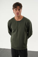 TAREN Oversize Erkek Kışlık Düğmeli Sweatshirt Haki