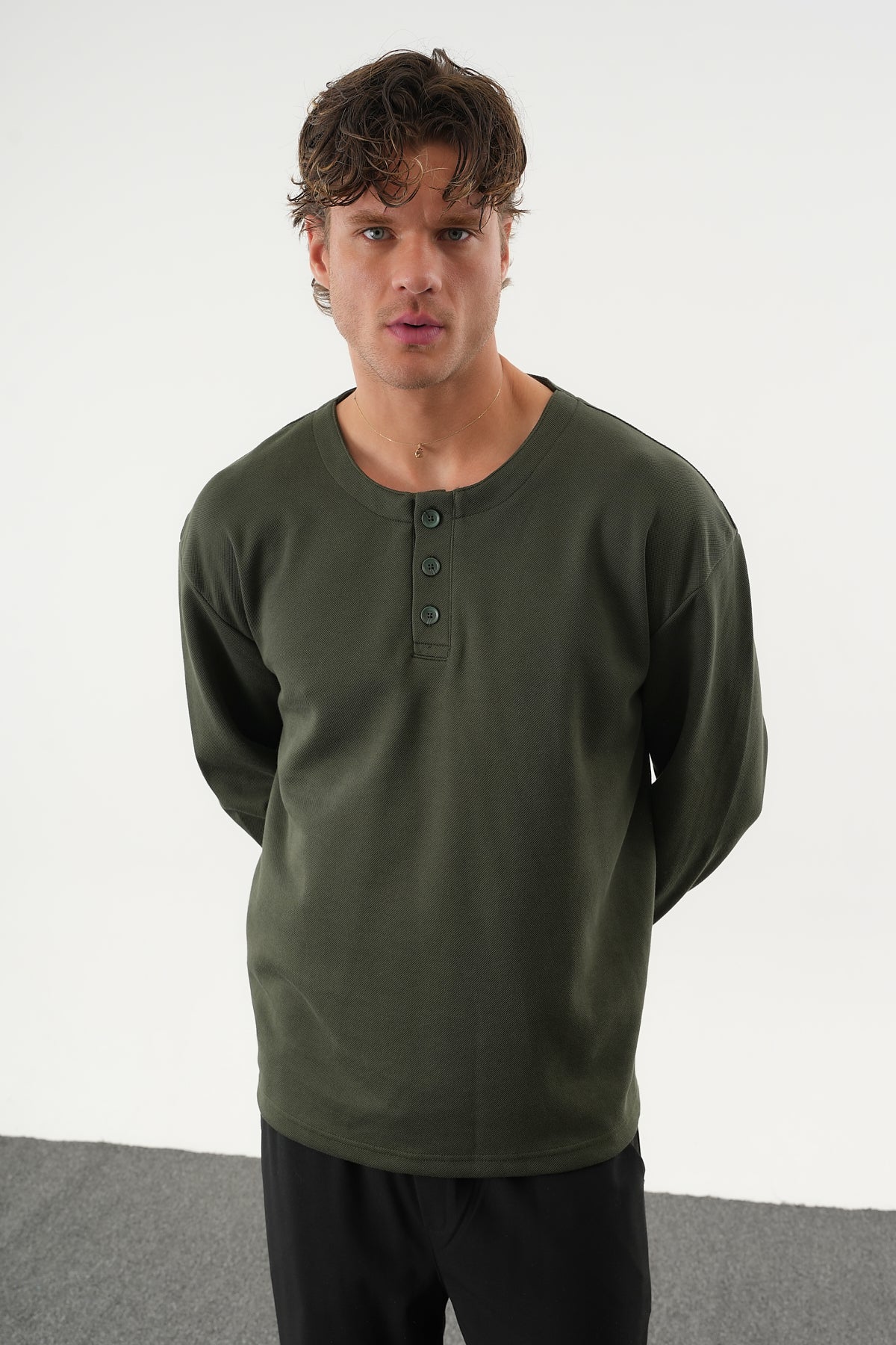 TAREN Oversize Erkek Kışlık Düğmeli Sweatshirt Haki