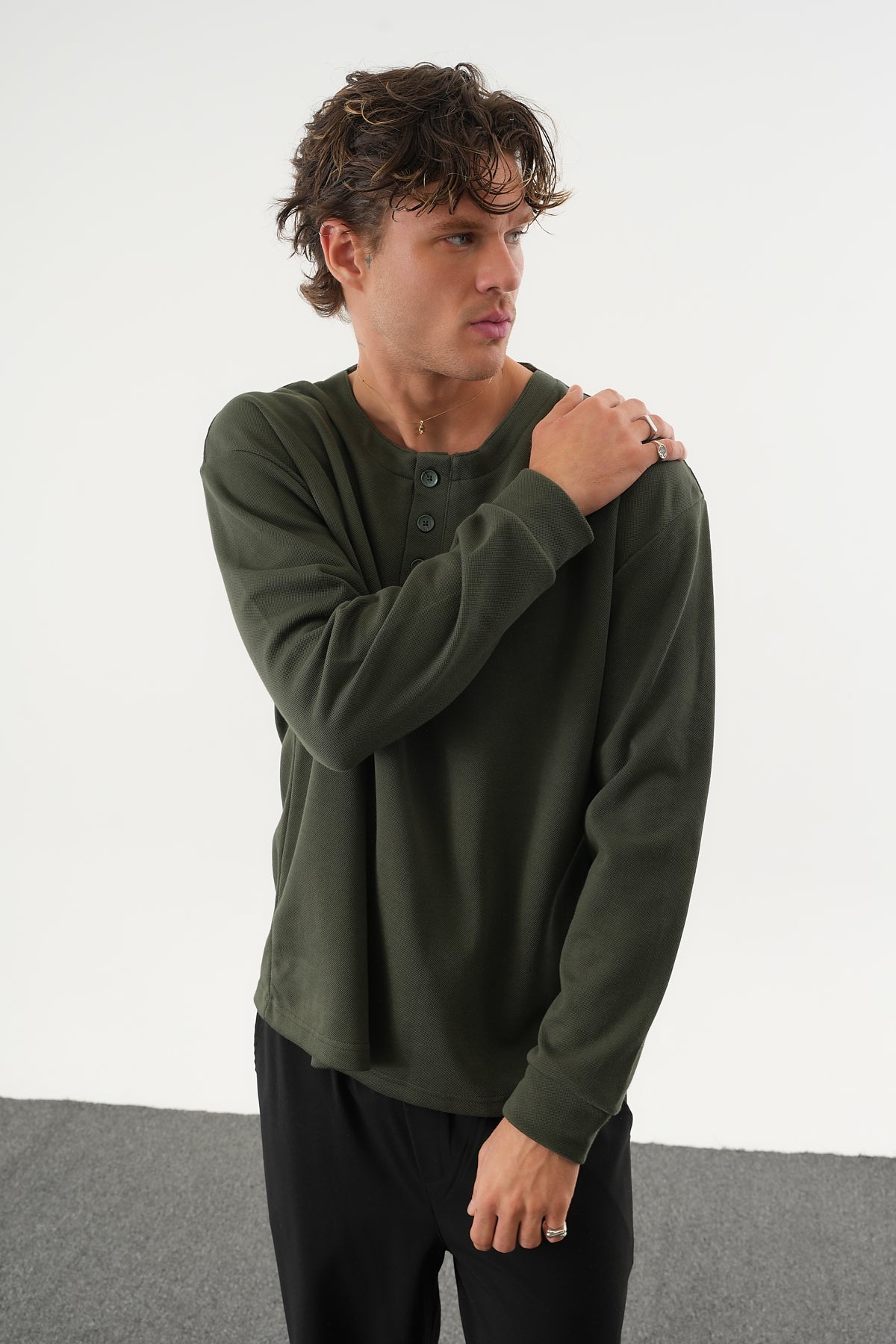 TAREN Oversize Erkek Kışlık Düğmeli Sweatshirt Haki