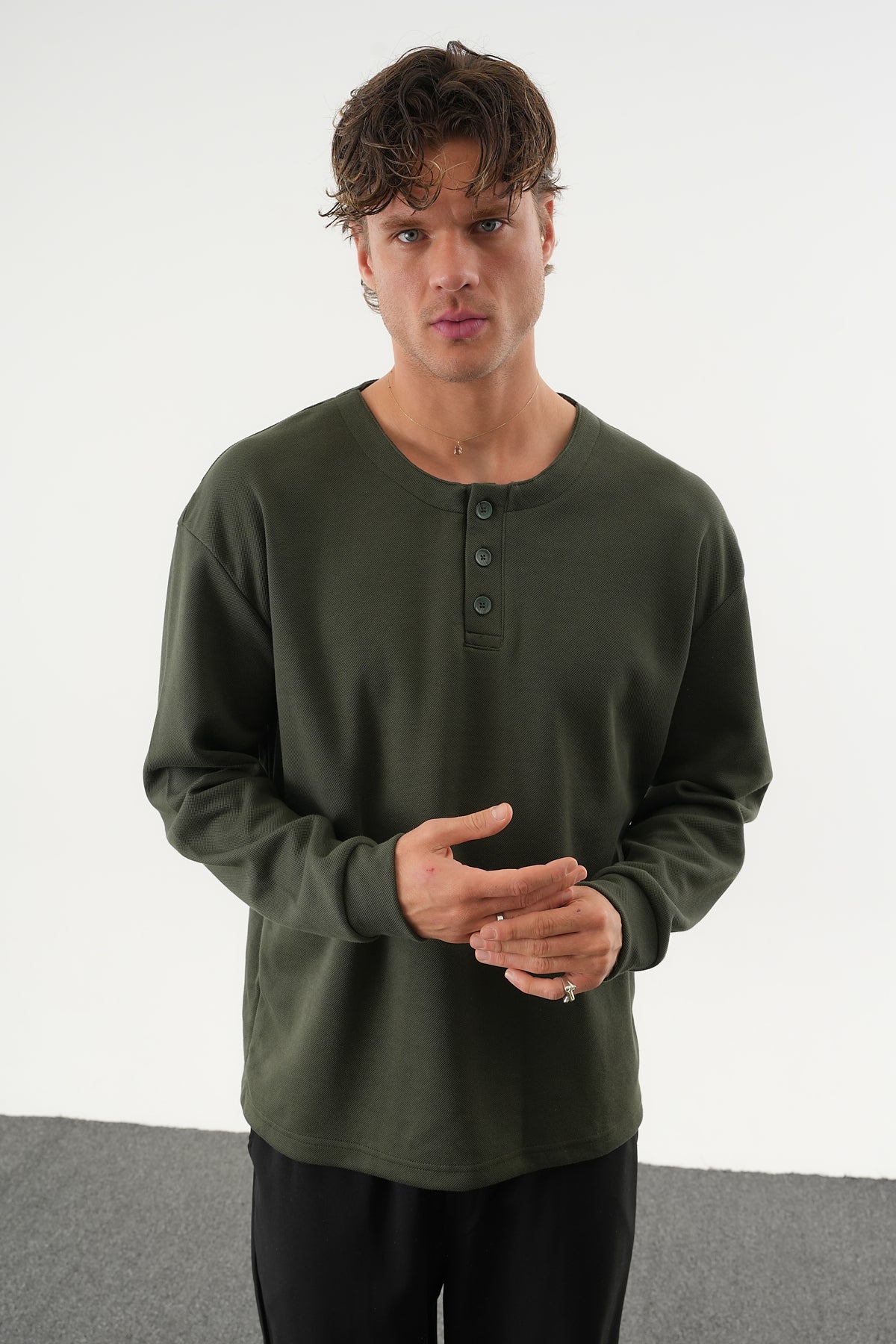 TAREN Oversize Erkek Kışlık Düğmeli Sweatshirt Haki