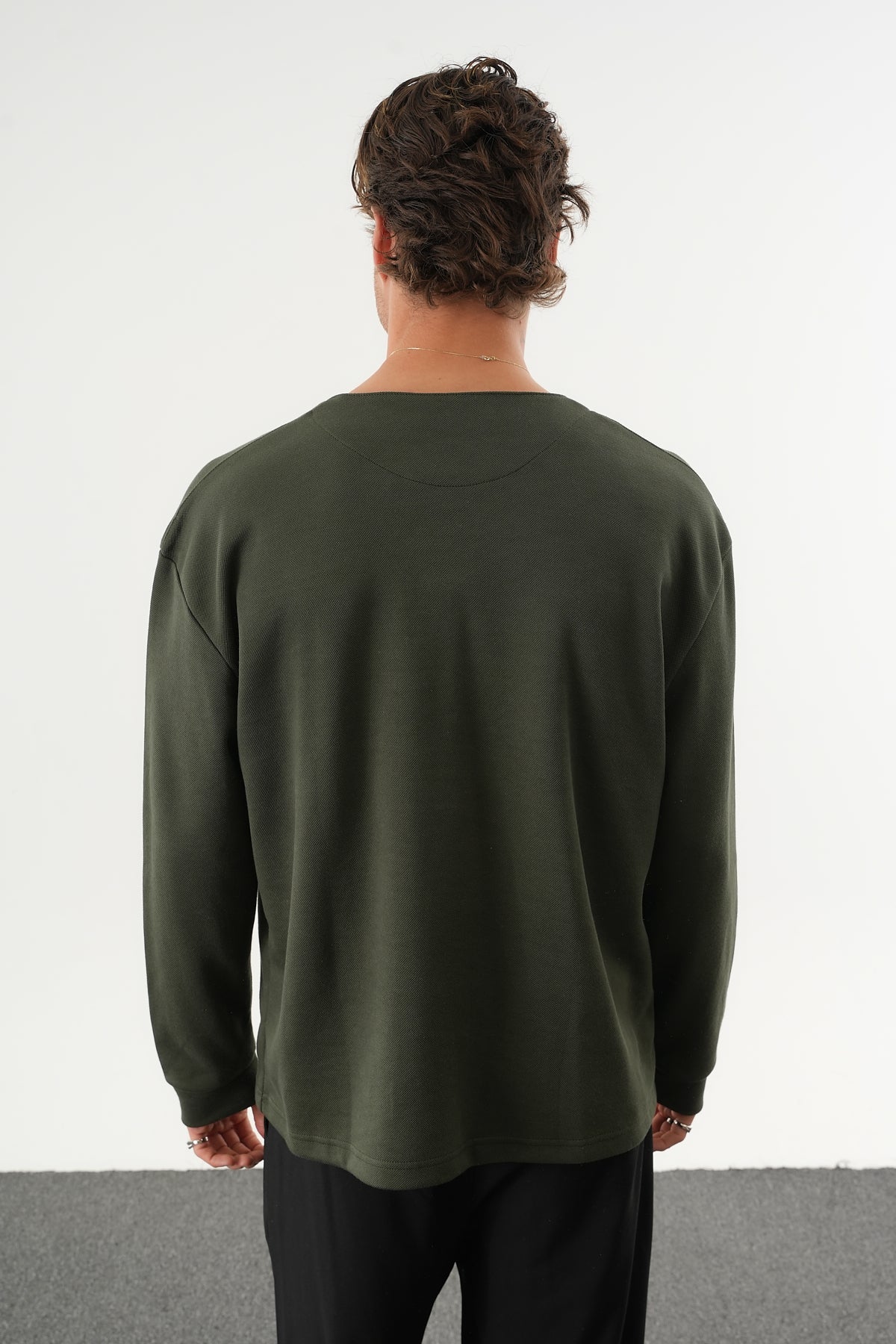 TAREN Oversize Erkek Kışlık Düğmeli Sweatshirt Haki