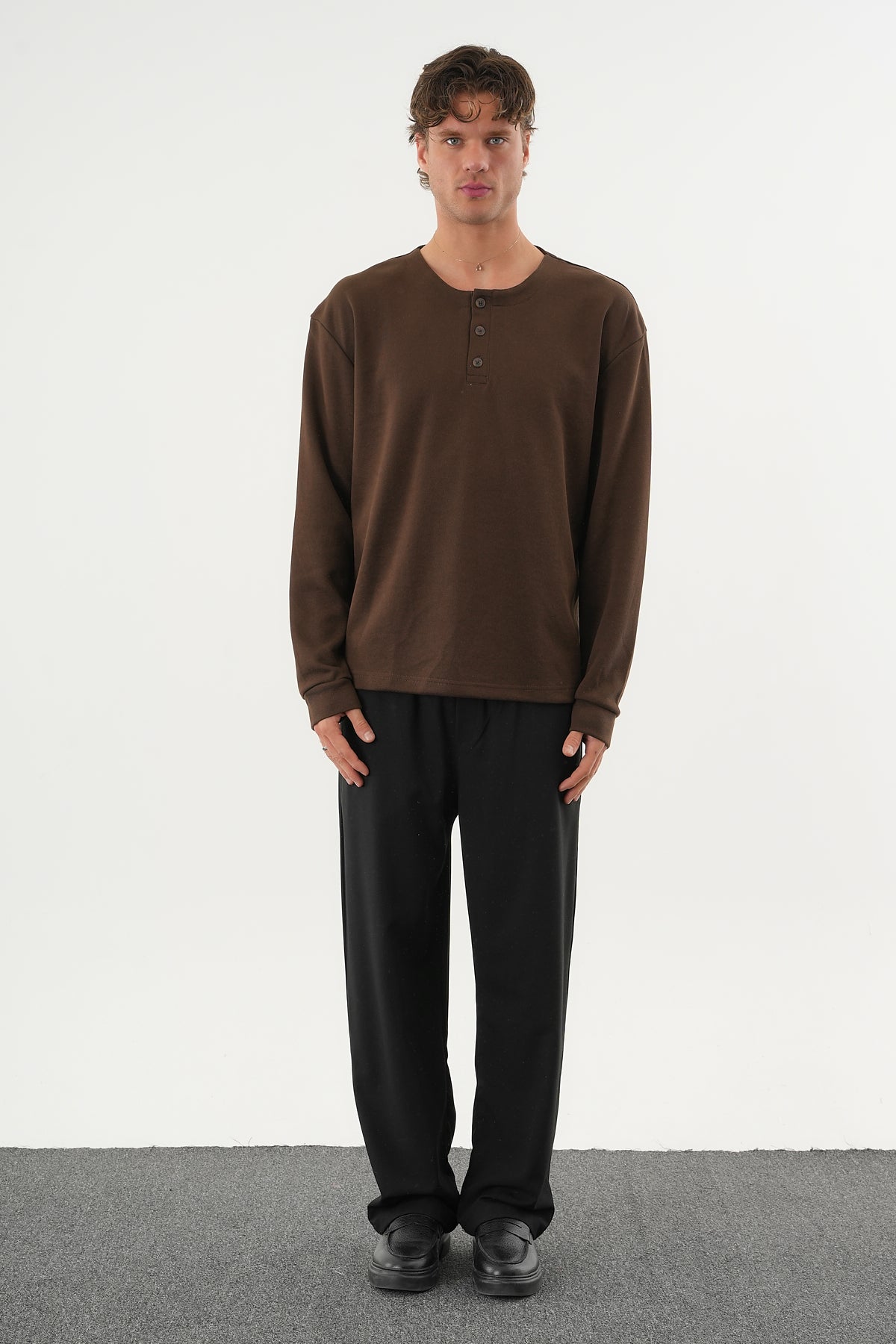 TAREN Oversize Erkek Kışlık Düğmeli Sweatshirt Siyah