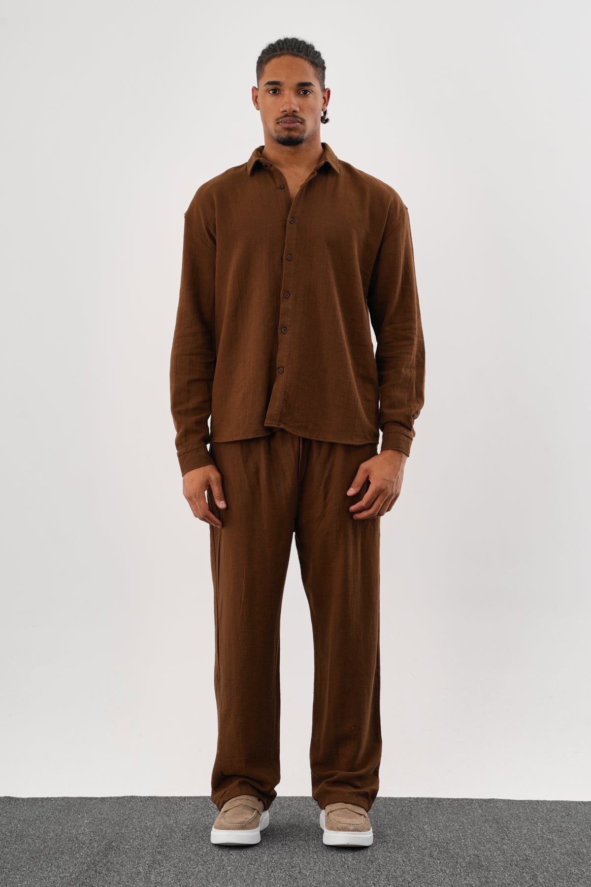 Flare Kışlık Baggy Pantolon Oversize Gömlek Alt üst Takım %100 Pamuk Kahverengi