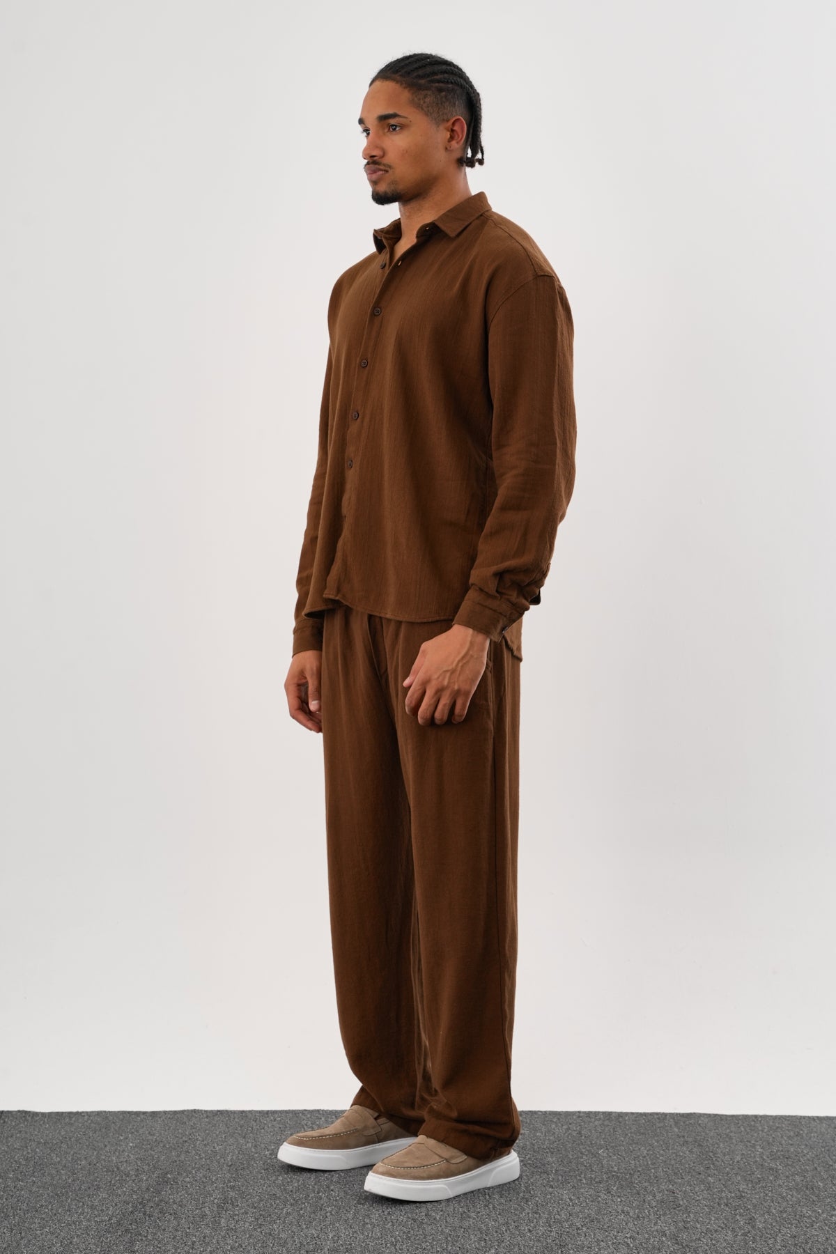 Flare Kışlık Baggy Pantolon Oversize Gömlek Alt üst Takım %100 Pamuk Kahverengi