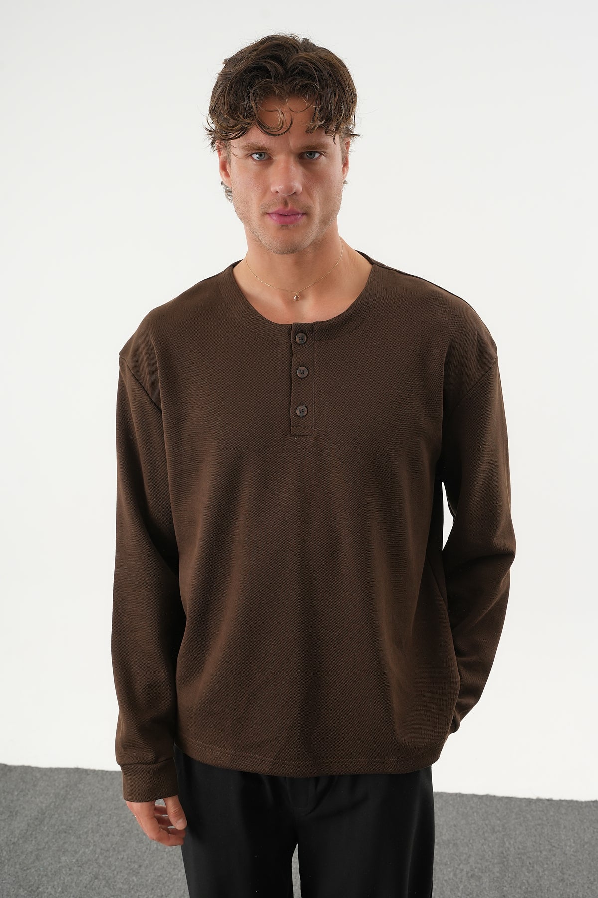 TAREN Oversize Erkek Kışlık Düğmeli Sweatshirt Siyah