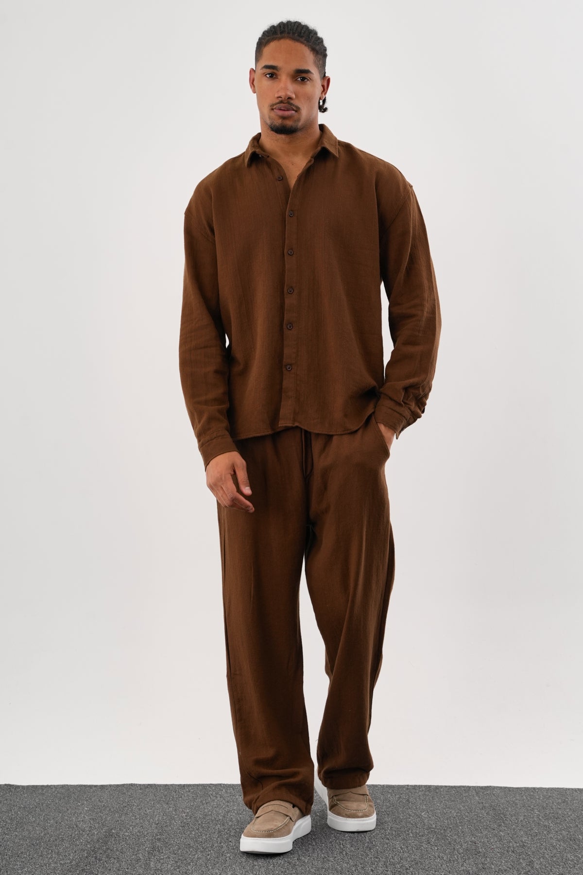 Flare Kışlık Baggy Pantolon Oversize Gömlek Alt üst Takım %100 Pamuk Kahverengi