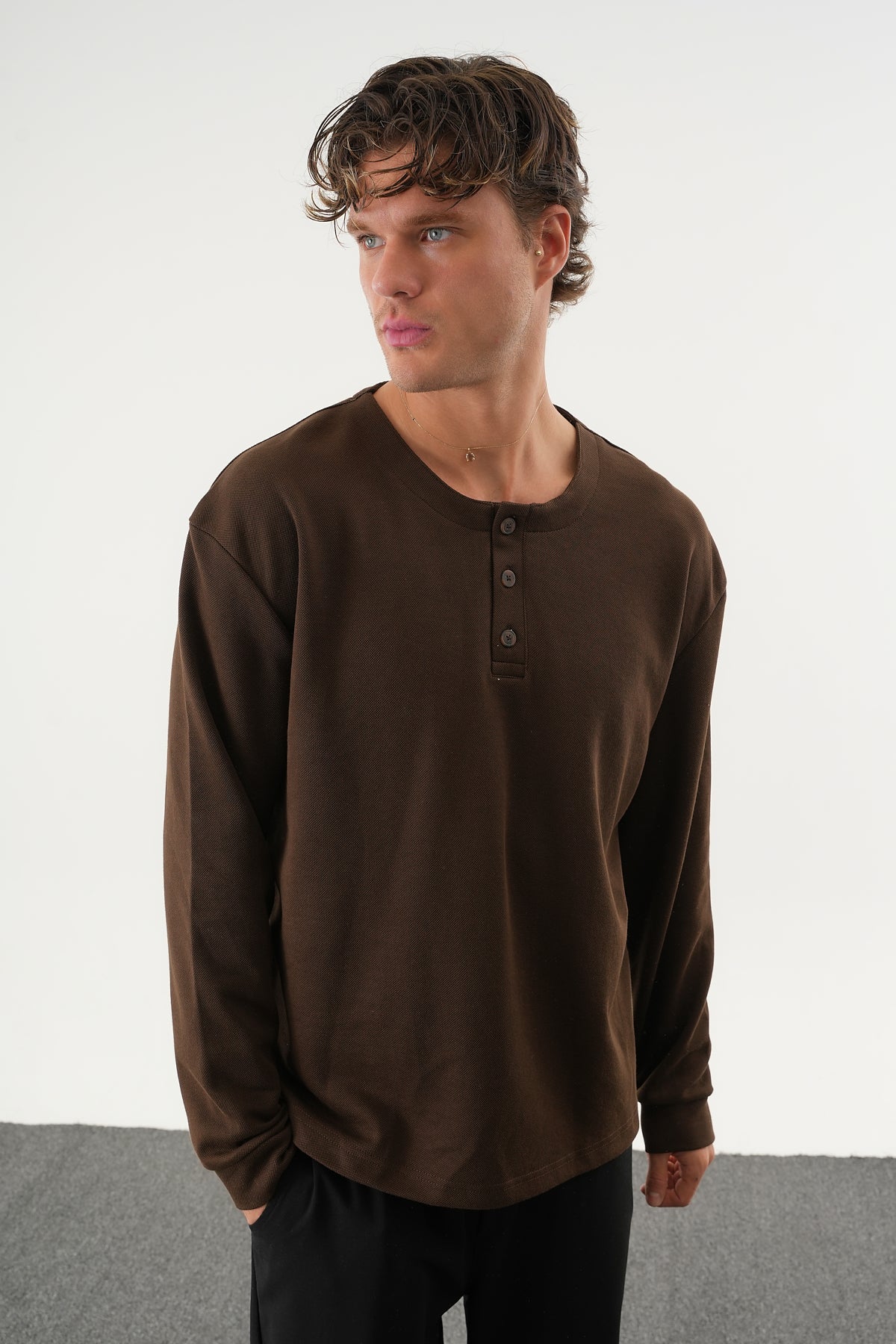 TAREN Oversize Erkek Kışlık Düğmeli Sweatshirt Siyah