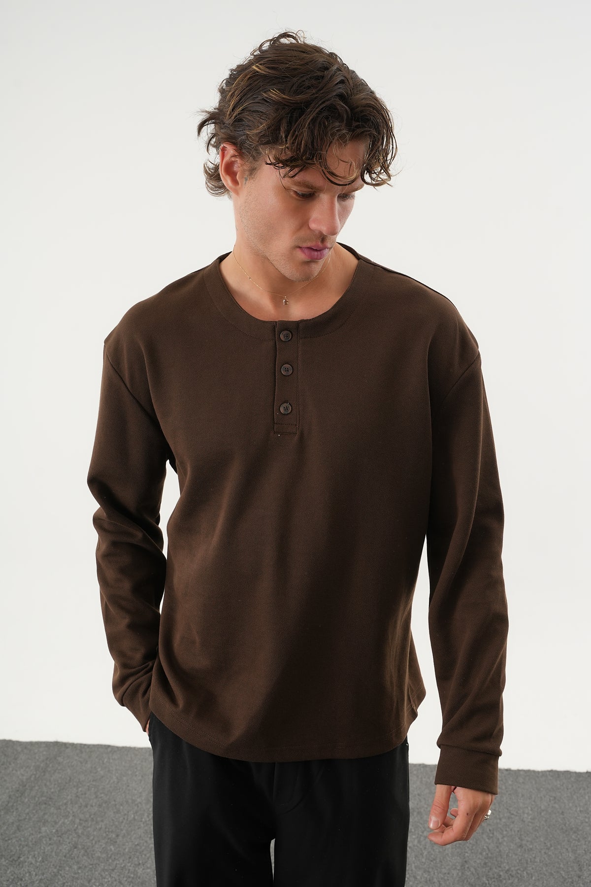 TAREN Oversize Erkek Kışlık Düğmeli Sweatshirt Siyah