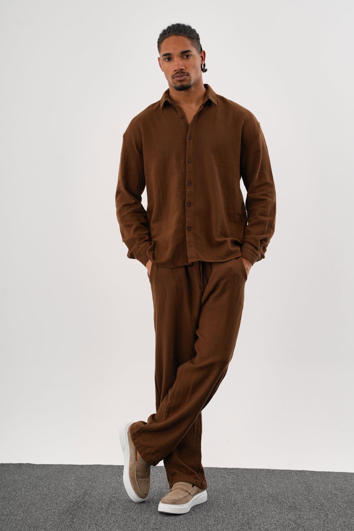 Flare Kışlık Baggy Pantolon Oversize Gömlek Alt üst Takım %100 Pamuk Kahverengi