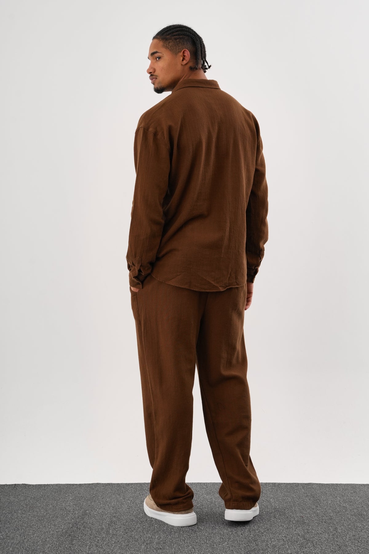 Flare Kışlık Baggy Pantolon Oversize Gömlek Alt üst Takım %100 Pamuk Kahverengi