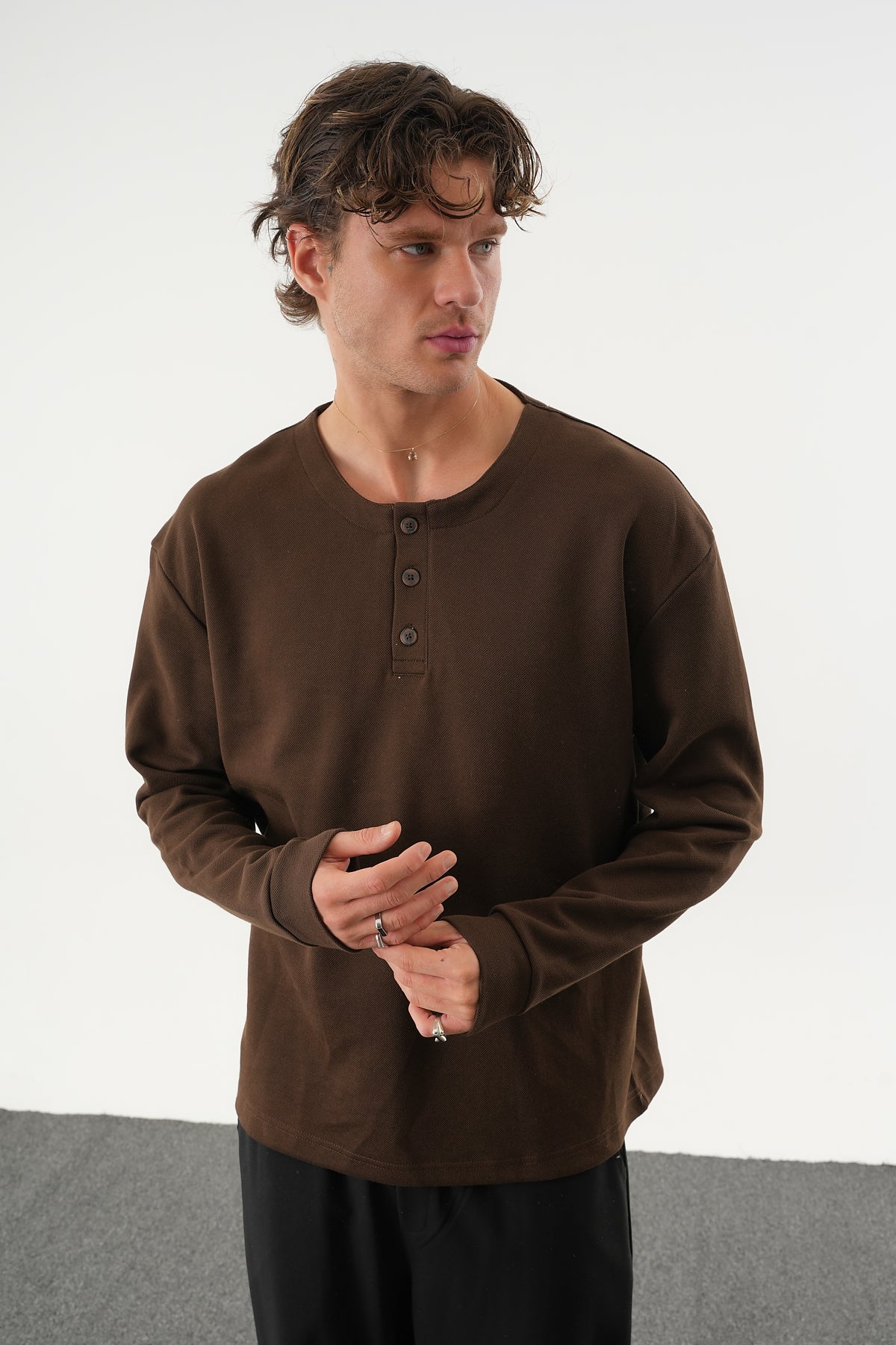 TAREN Oversize Erkek Kışlık Düğmeli Sweatshirt Siyah