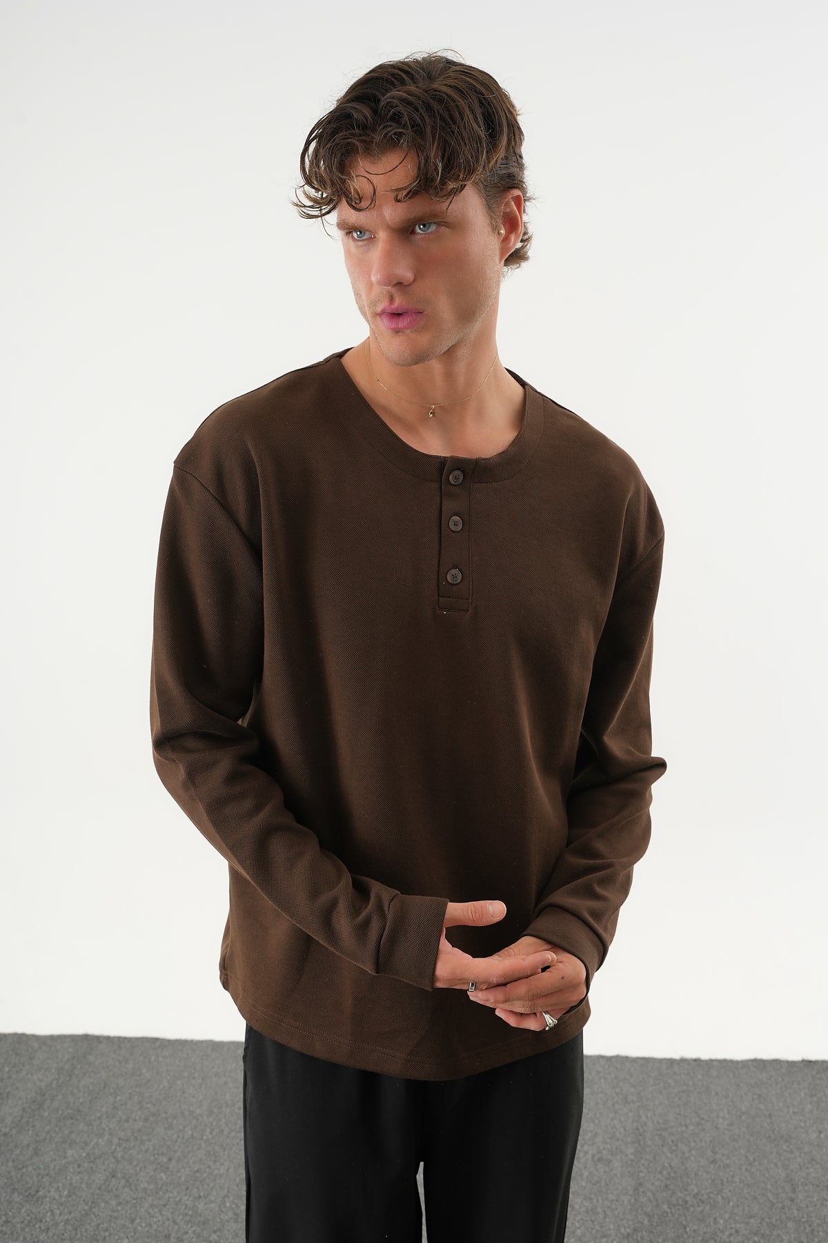 TAREN Oversize Erkek Kışlık Düğmeli Sweatshirt Siyah