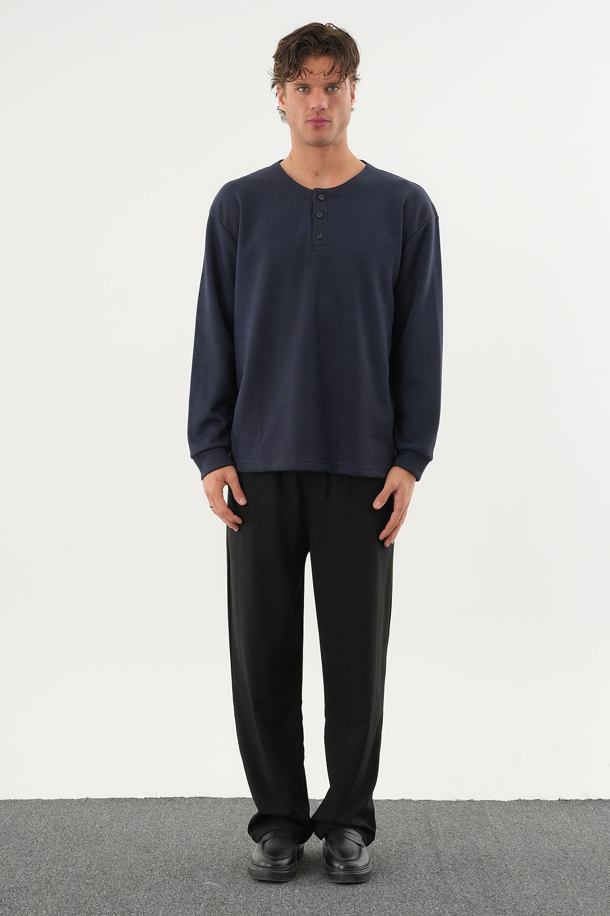 TAREN Oversize Erkek Kışlık Düğmeli Sweatshirt Lacivert