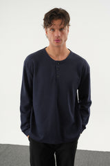 TAREN Oversize Erkek Kışlık Düğmeli Sweatshirt Lacivert
