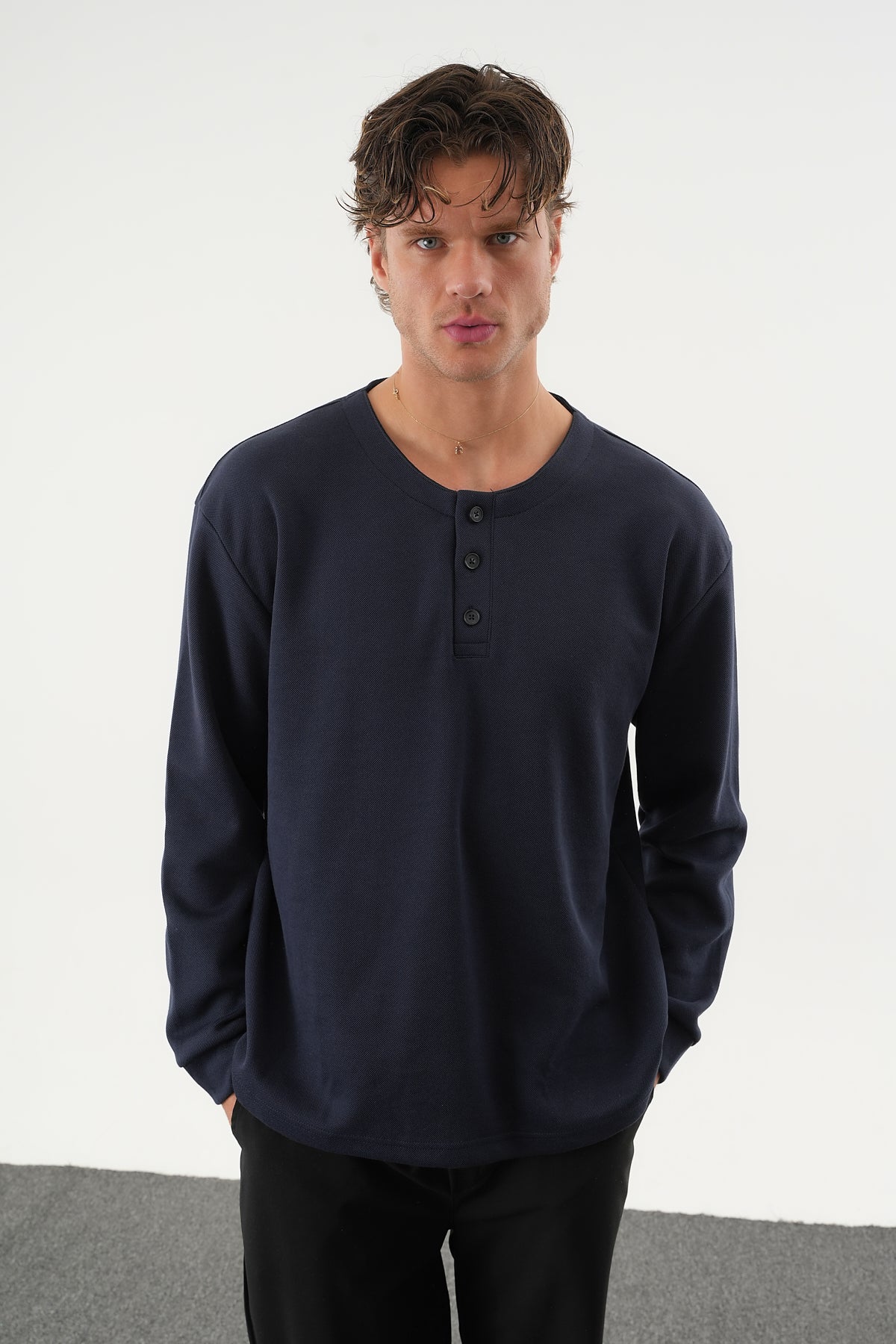 TAREN Oversize Erkek Kışlık Düğmeli Sweatshirt Lacivert