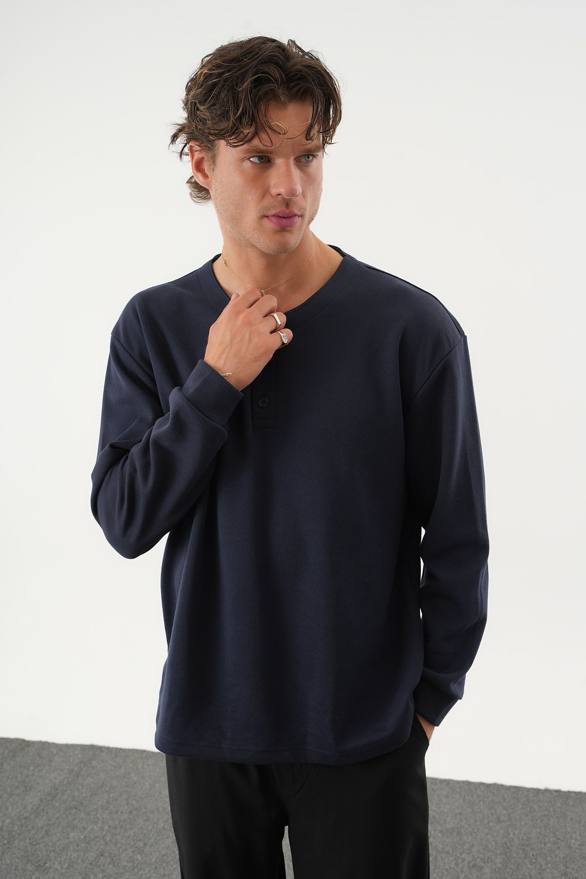 TAREN Oversize Erkek Kışlık Düğmeli Sweatshirt Lacivert