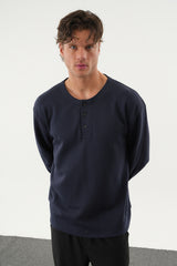 TAREN Oversize Erkek Kışlık Düğmeli Sweatshirt Lacivert