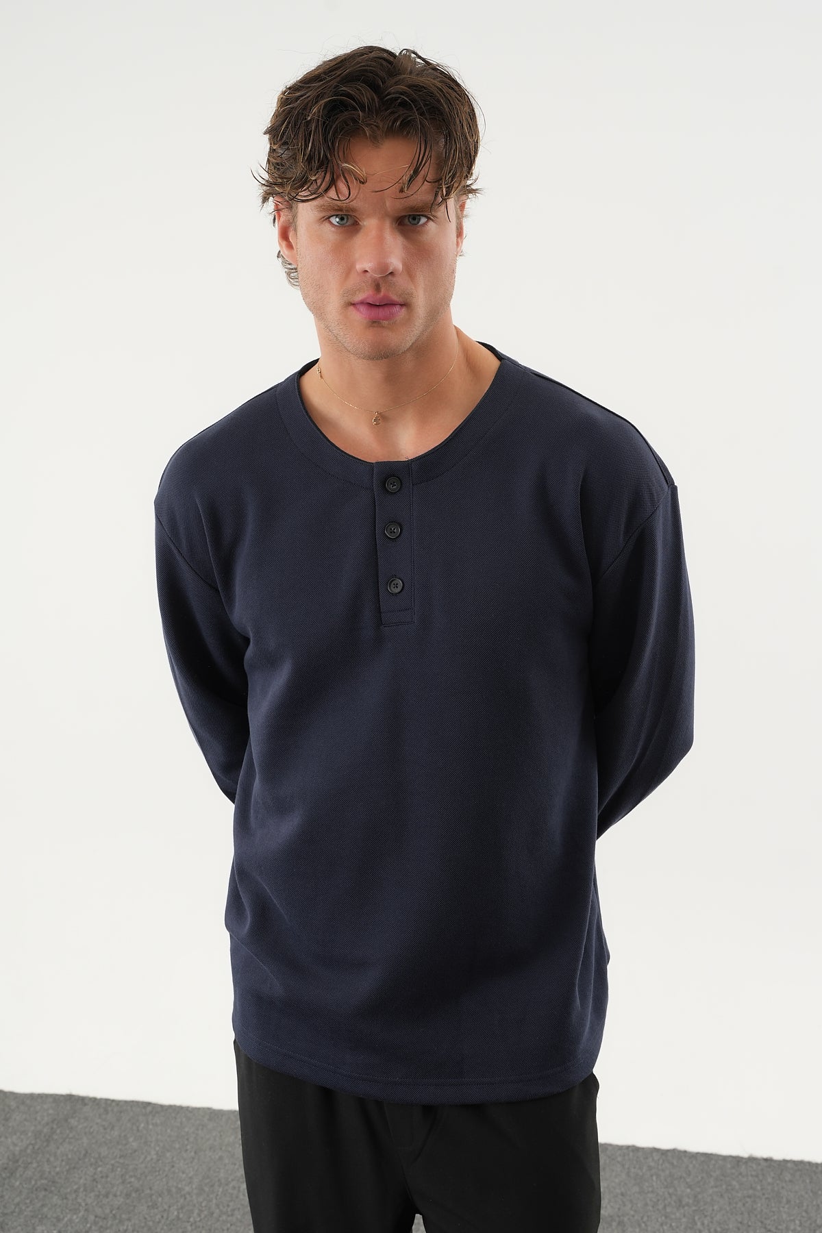 TAREN Oversize Erkek Kışlık Düğmeli Sweatshirt Lacivert