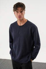 TAREN Oversize Erkek Kışlık Düğmeli Sweatshirt Lacivert