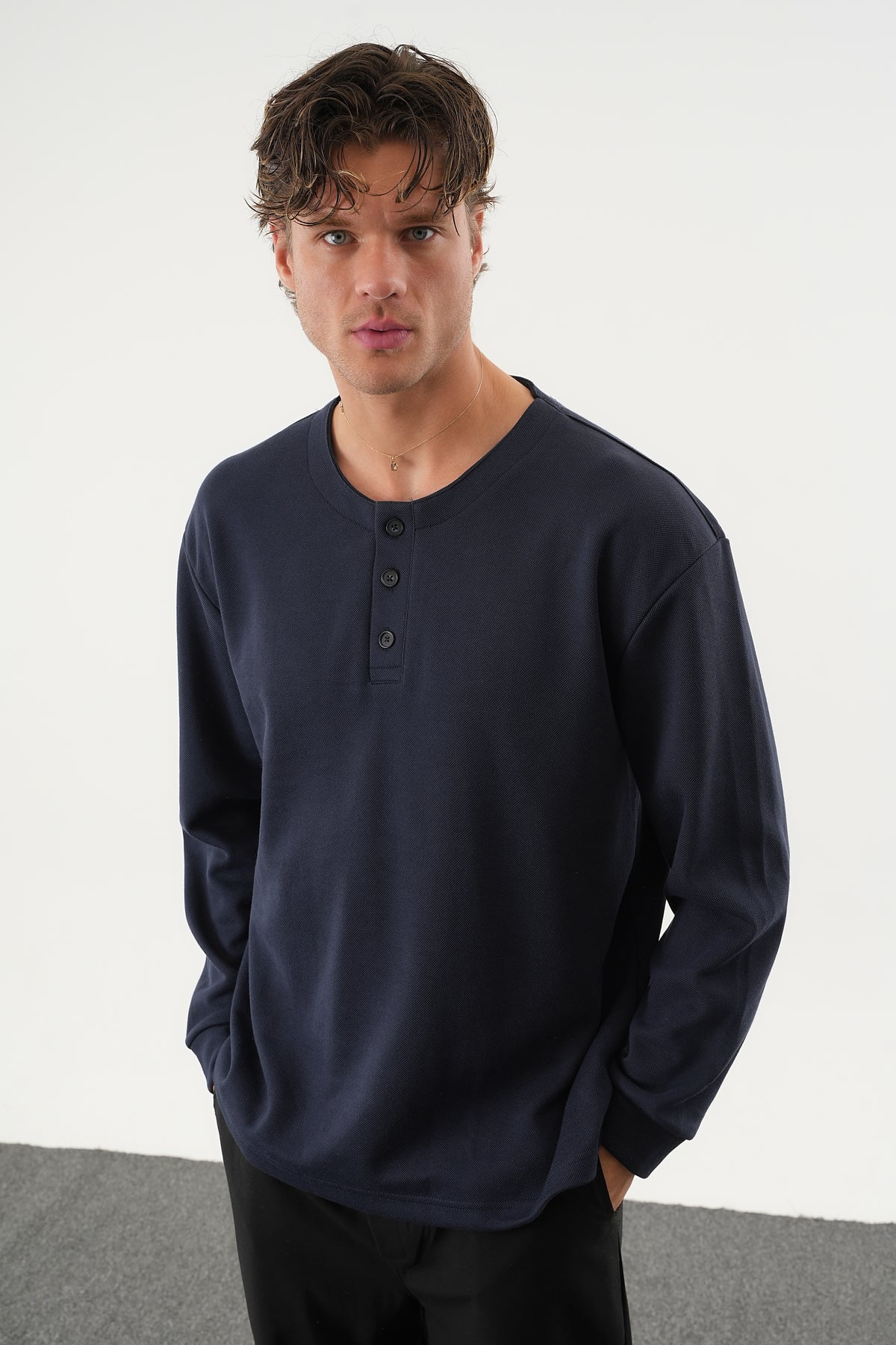 TAREN Oversize Erkek Kışlık Düğmeli Sweatshirt Lacivert