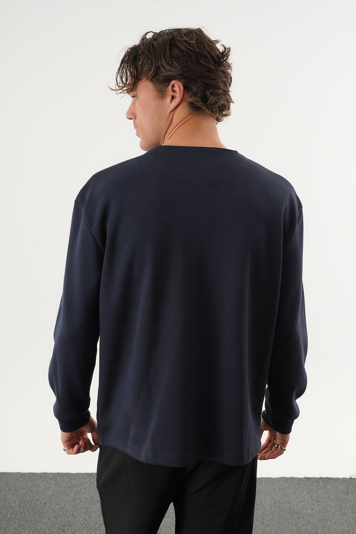 TAREN Oversize Erkek Kışlık Düğmeli Sweatshirt Lacivert