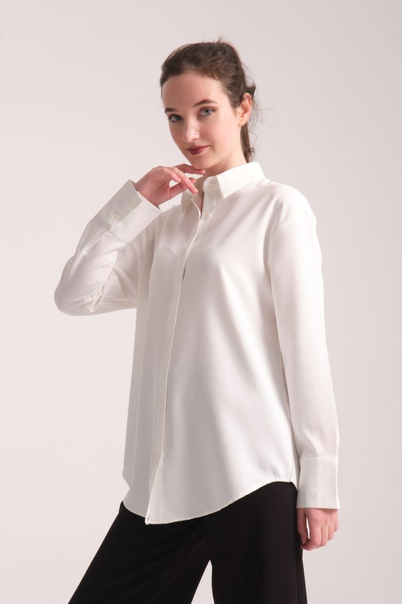 Pure Oversize Iç Göstermeyen Uzun Basic Kadın Gömlek Beyaz - Redline