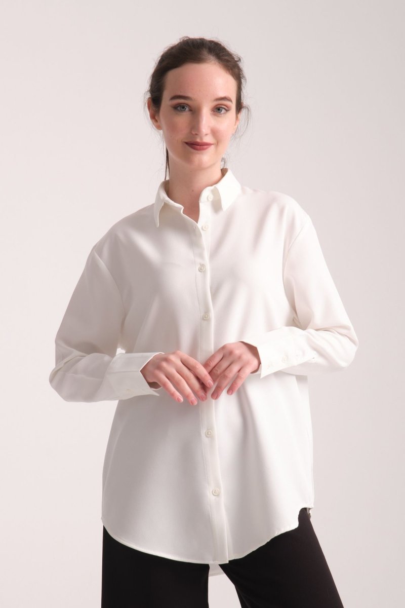 Pure Oversize Iç Göstermeyen Uzun Basic Kadın Gömlek Beyaz - Redline