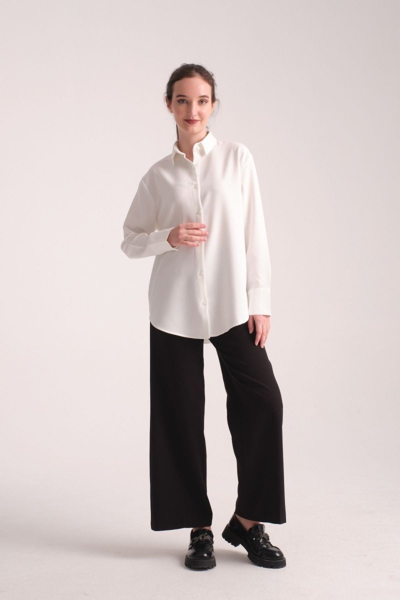 Pure Oversize Iç Göstermeyen Uzun Basic Kadın Gömlek Beyaz - Redline