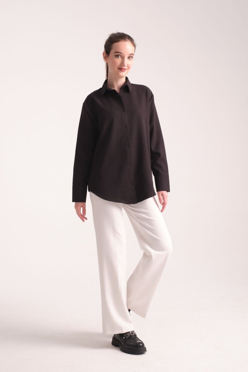 Pure Oversize Iç Göstermeyen Uzun Basic Kadın Gömlek Siyah - Redline