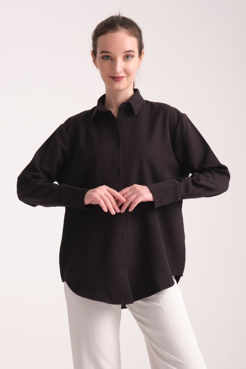 Pure Oversize Iç Göstermeyen Uzun Basic Kadın Gömlek Siyah - Redline