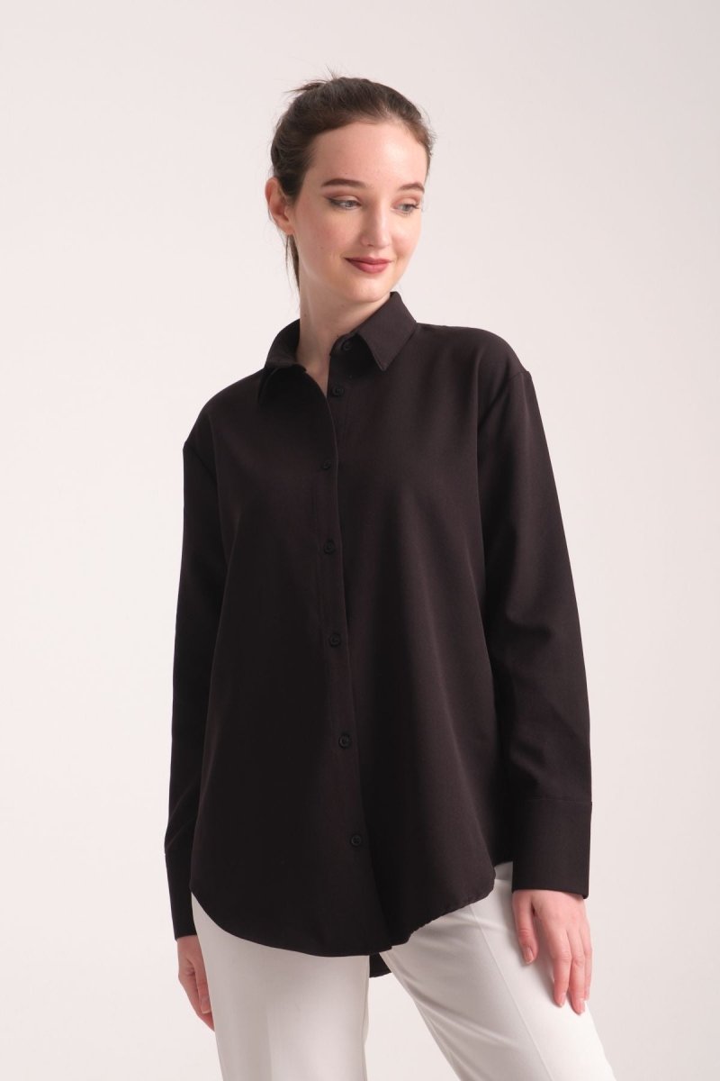 Pure Oversize Iç Göstermeyen Uzun Basic Kadın Gömlek Siyah - Redline