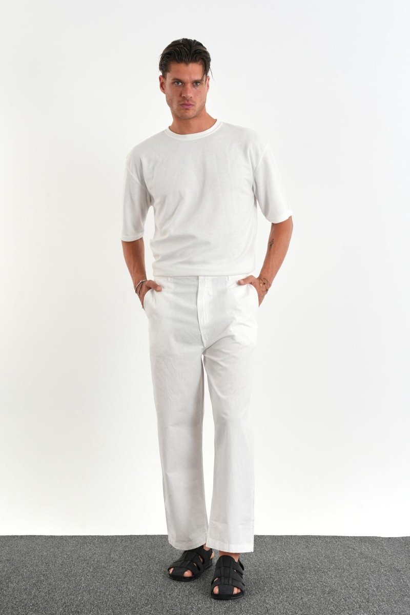 Sarto Kemerli Rahat Kalıp Erkek Pantolon Beyaz - Redline