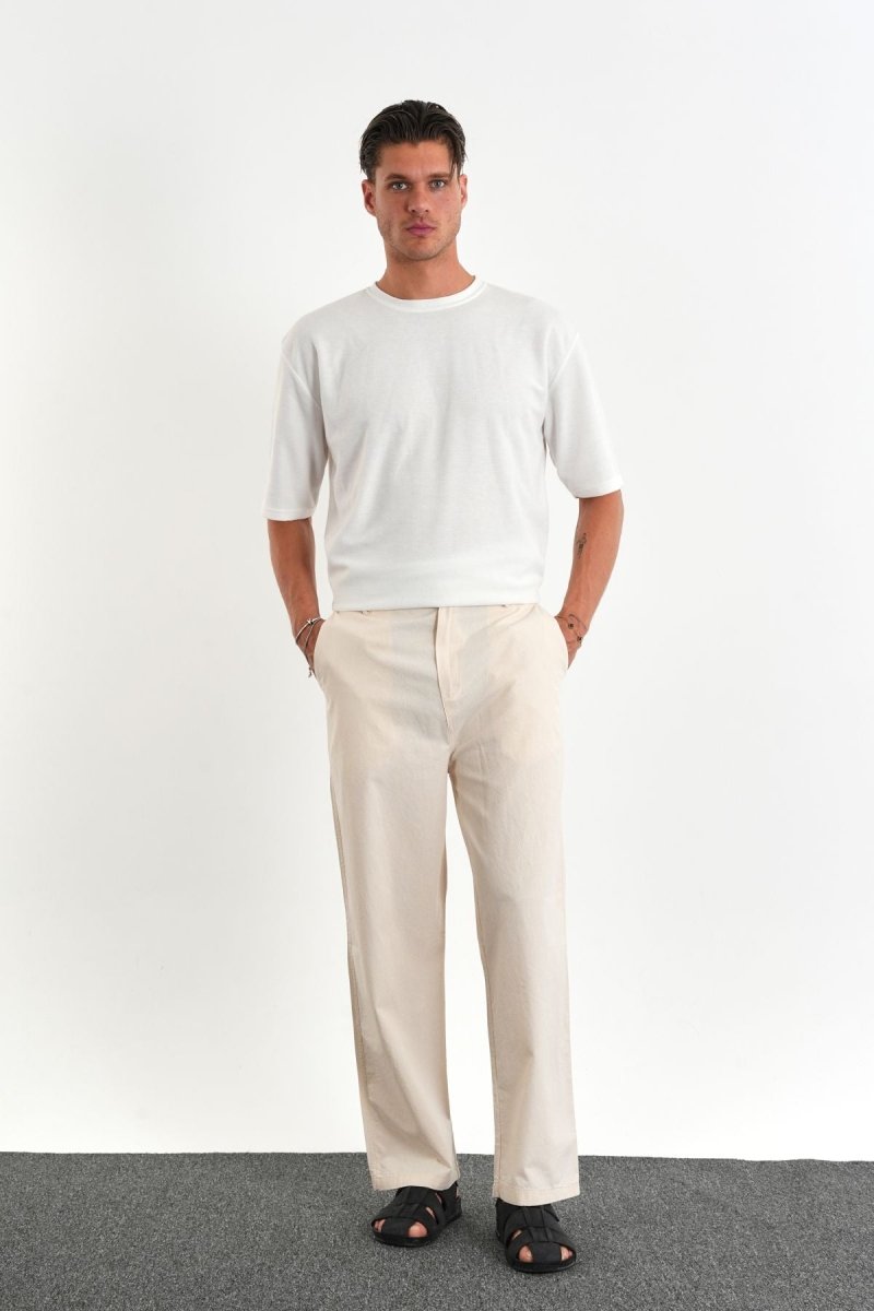 Sarto Kemerli Rahat Kalıp Erkek Pantolon Ekru - Redline